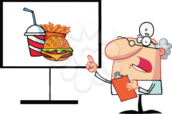 Royalty Free Clipart Image of a Doctor Showing Harmful Foods