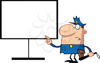 Royalty Free Clipart Image of a Police Officer Pointing to a Blank Board