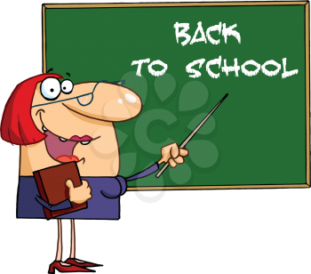 Royalty Free Clipart Image of a Teacher Welcoming Students Back at the Chalkboard