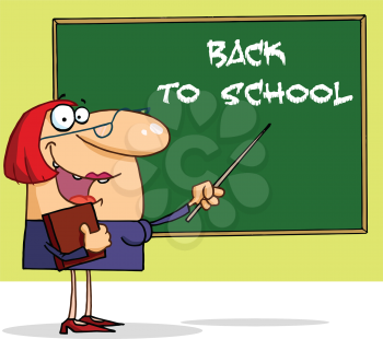 Royalty Free Clipart Image of a Teacher Welcoming Students Back to School at the Chalkboard