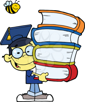 Royalty Free Clipart Image of a Graduating Asian Boy With a Stack of Books and a Bee Over His Head