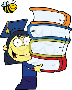 Royalty Free Clipart Image of an Asian Girl Graduating With a Stack of Books and a Bee Over Her Head