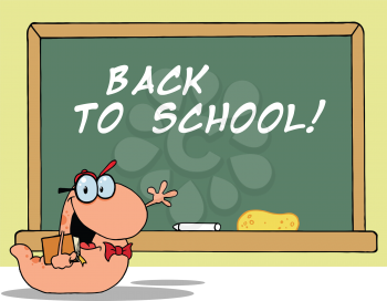 Royalty Free Clipart Image of a Bookworm at the Blackboard With Back to School Written on It