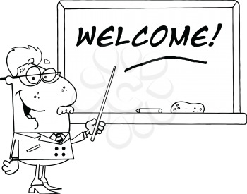 Royalty Free Photo of a Teacher at a Blackboard With the Word Welcome