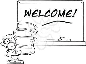 Royalty Free Clipart Image of a Student at a Welcome Chalkboard