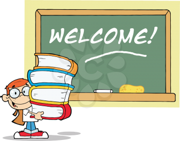 Royalty Free Clipart Image of a Student at a Chalkboard With Welcome on It