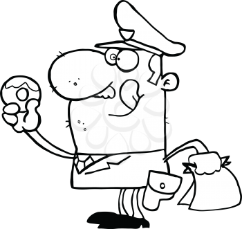 Royalty Free Clipart Image of a Cop Eating a Doughnut