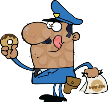 Royalty Free Clipart Image of an African American Cop Eating a Doughnut