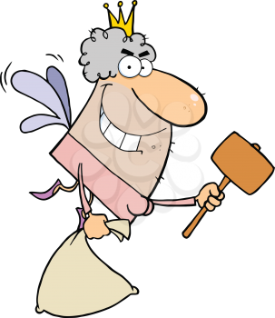 Royalty Free Clipart Image of an Ugly Tooth Fairy With a Bag and a Mallet