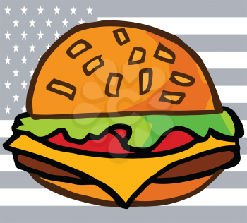 Royalty Free Clipart Image of a Hamburger in Front of the American Flag
