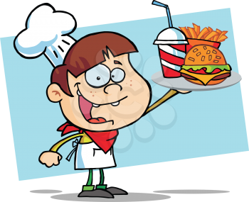 Royalty Free Clipart Image of a Kid Serving Fast Food