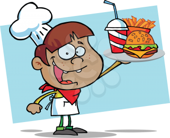 Royalty Free Clipart Image of an African American Boy With a Tray of Fast Food