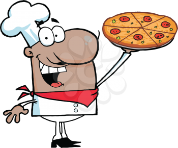 Royalty Free Clipart Image of an African American Pizza Chef Proudly Displaying His Pizza