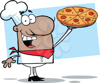 Royalty Free Clipart Image of an African American Pizza Guy Delivering Pizza