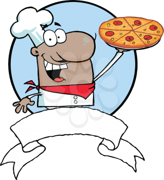 Royalty Free Clipart Image of an African American Pizza Guy Holding up a Pizza