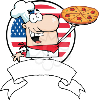 Royalty Free Clipart Image of a Pizza Guy in Front of an American Flag
