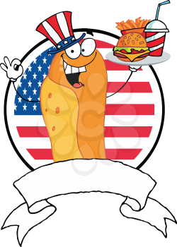 Royalty Free Clipart Image of a Hot Dog in an American Hat in Front of an American Flag Carrying a Plate of Fast Food