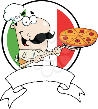Royalty Free Clipart Image of an Italian Pizza Guy in Front of the Italian Flag