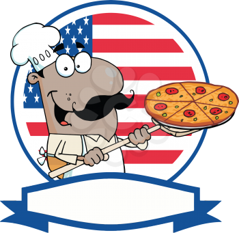 Royalty Free Clipart Image of an African American Pizza Guy in Front of an American Flag