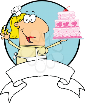 Royalty Free Clipart Image of a Baker Holding a Wedding Cake