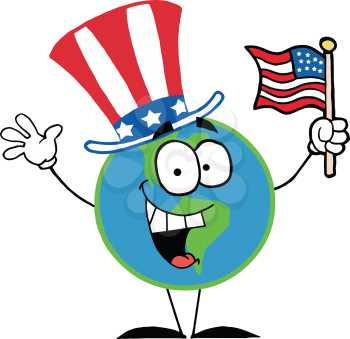 Royalty Free Clipart Image of a Globe Wearing Uncle Sam's Hat and Waving a Flag