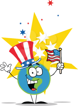 Royalty Free Clipart Image of a Globe Wearing an American Hat and Waving a Flag in Front of a Star