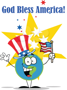Royalty Free Clipart Image of a Gold Bless America Message With a World Waving a Flag