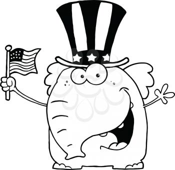 Royalty Free Clipart Image of an Elephant Waving a Fourth of July Flag