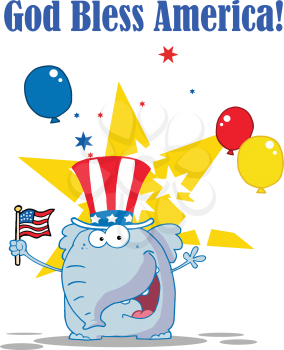 Royalty Free Clipart Image of an Elephant Waving an American Flag on a God Bless America Banner