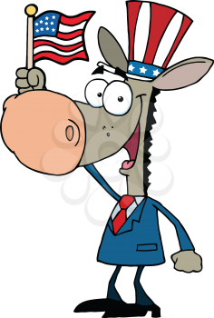 Royalty Free Clipart Image of a Donkey Waving an American Flag