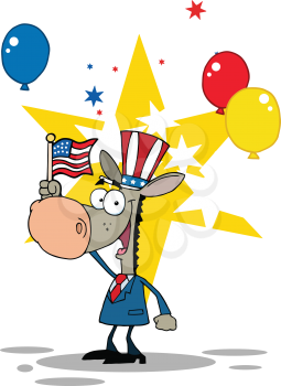 Royalty Free Clipart Image of a Donkey Waving an American Flag