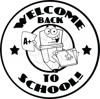 Royalty Free Clipart Image of a Back to School Badge With a Pencil Holding a Report Card and Books