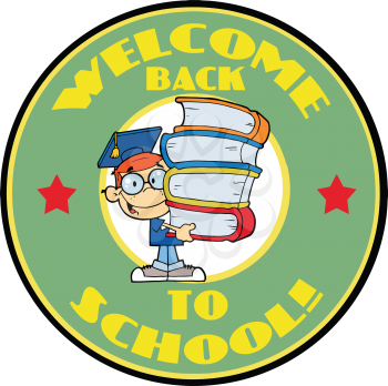 Royalty Free Clipart Image of a Student in a Mortarboard Carrying Books on a Back to School Badge