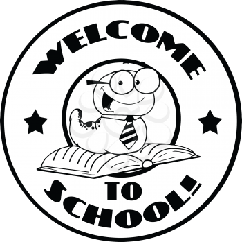 Royalty Free Clipart Image of a Bookworm on a Back to School Badge