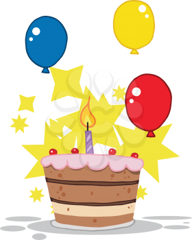Royalty Free Clipart Image of a Birthday Cake With Balloons and Stars
