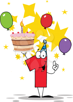 Royalty Free Clipart Image of a Birthday Cake Held By The Number One