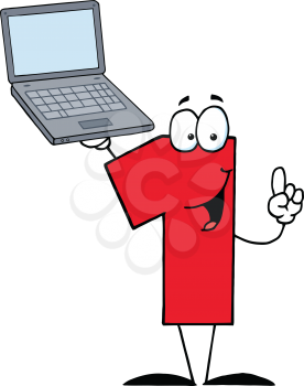 Royalty Free Clipart Image of a Red Number One Holding a Laptop