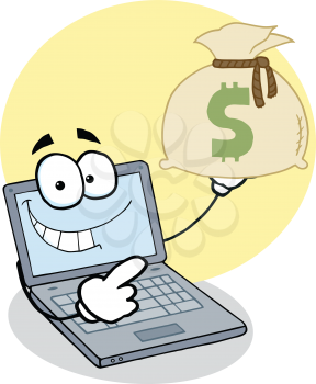 Royalty Free Clipart Image of a Laptop Holding a Bag of Money