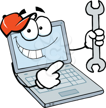 Royalty Free Clipart Image of a Computer Holding a Wrench