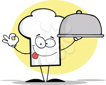Royalty Free Clipart Image of a Chef's Hat With a Silver Domed Tray