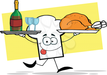 Royalty Free Clipart Image of a Chef's Hat With Trays of Turkey and Wine