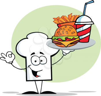 Royalty Free Clipart Image of a Chef Hat Holding Fast Food on a Tray