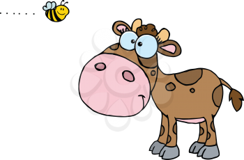 Royalty Free Clipart Image of a Calf Looking at a Bee