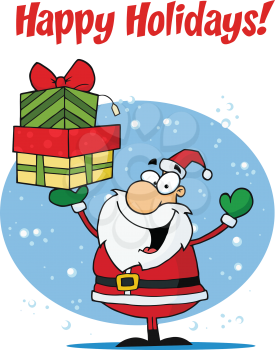 Royalty Free Clipart Image of Santa Holding Gifts on a Happy Holidays Greeting