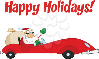 Royalty Free Clipart Image of a Holiday Greeting With Santa in a Red Car