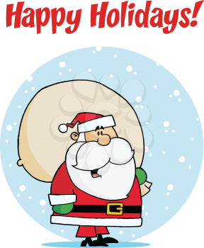 Royalty Free Clipart Image of a Santa With His Sack on a Happy Holidays Greeting