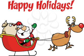 Royalty Free Clipart Image of Santa in a Sleigh Pulled by a Reindeer