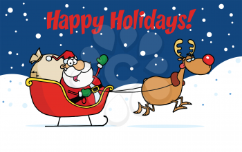 Royalty Free Clipart Image of Santa and a Reindeer Delivering Gifts