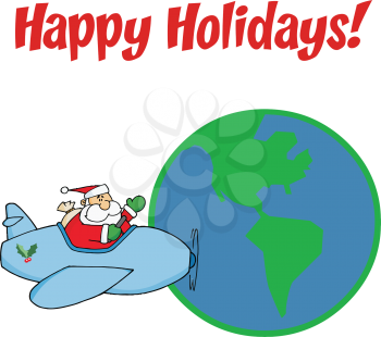 Royalty Free Clipart Image of Santa in a Plane Circling the Globe
