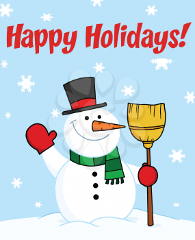 Royalty Free Clipart Image of a Happy Holiday Greeting With a Snowman